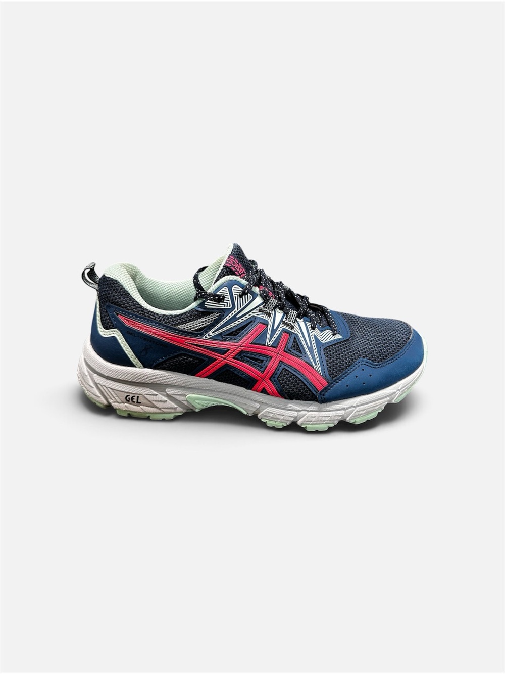 Asics Navy Athletic Shoe with Pink Logo and Mint Accents